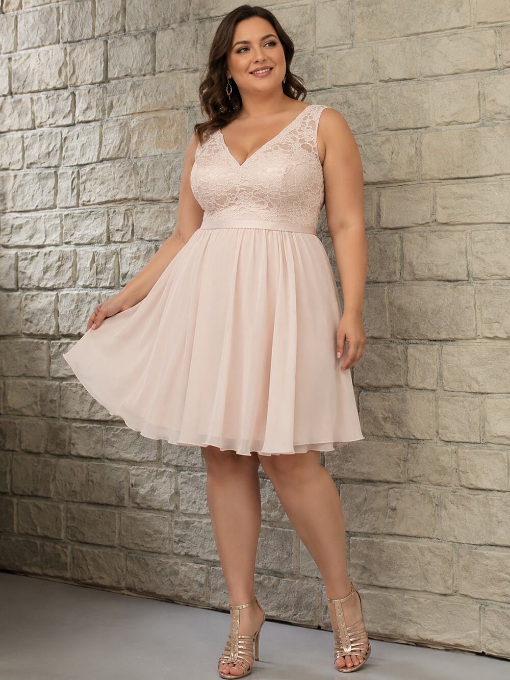 Morilee Madeline Gardner Blush Lace V Neck Dress size 22 Sleeveless Knee Length
